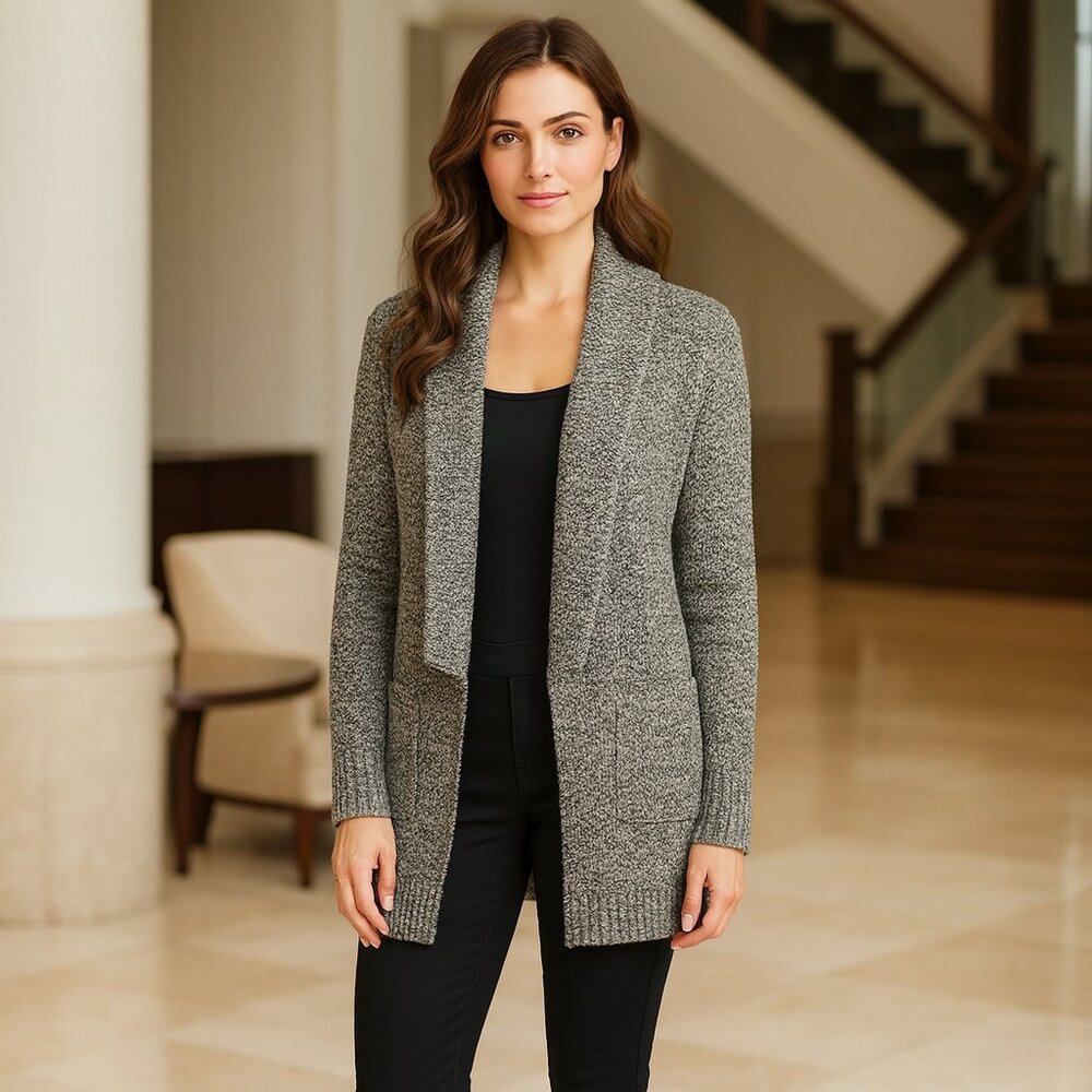 Heathered Open Front Neutral Cardigan Long Sweater Shawl Collar Patch Pockets